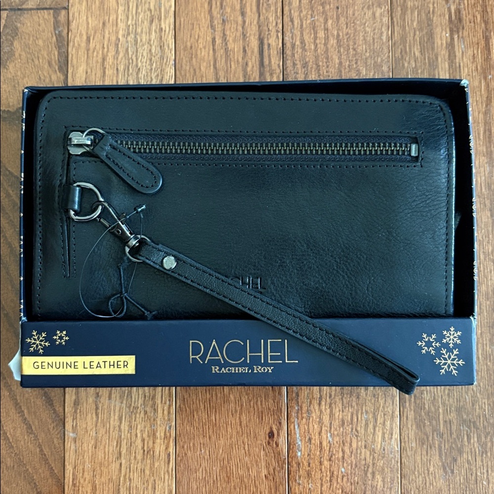 RACHEL Roy Black Genuine Leather Full Zip Around Wristlet Wallet RFID NWT